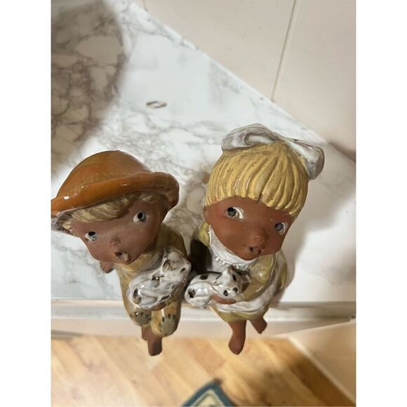 Vintage Handmade Ceramic Seated Boy & Girl with Cats 6" Tall - Picture 5 of 9